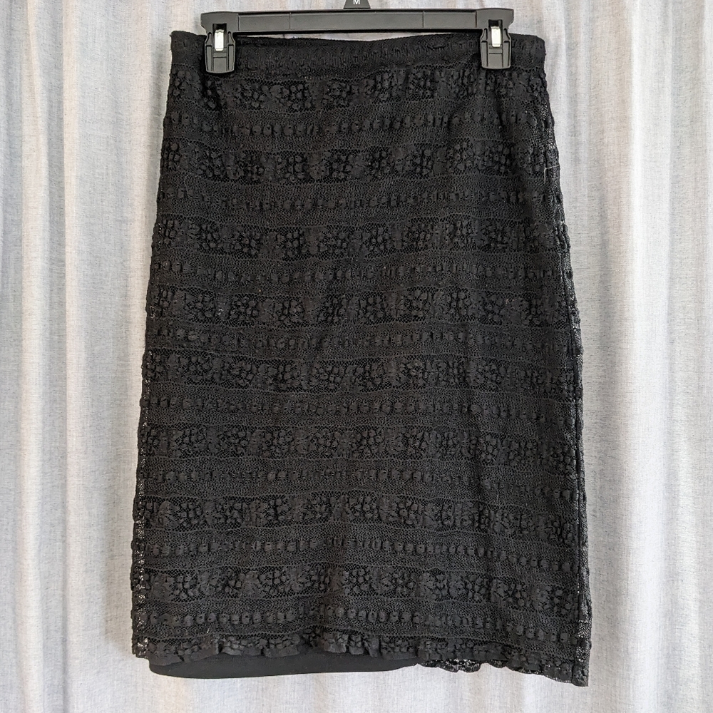Ralph Lauren Skirt M Black Lace Lined Midi Office Whimsigoth Elastic Pull On